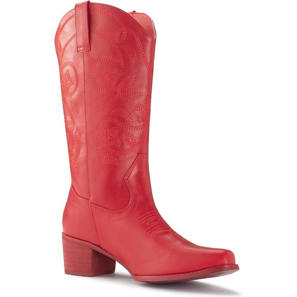 Women's Red Pointy Toe Faux Leather Western Cowgirl Mid Calf Boots - Picture 2 of 7